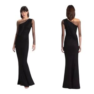 Marcella Asymmetrical One-Shoulder Mesh Detail Black Maxi Gown NWOT